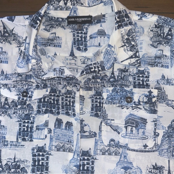 Karl Lagerfeld Womens Blouse XL Paris Print Button Up Roll Tab Parisian Scene - Picture 13 of 15